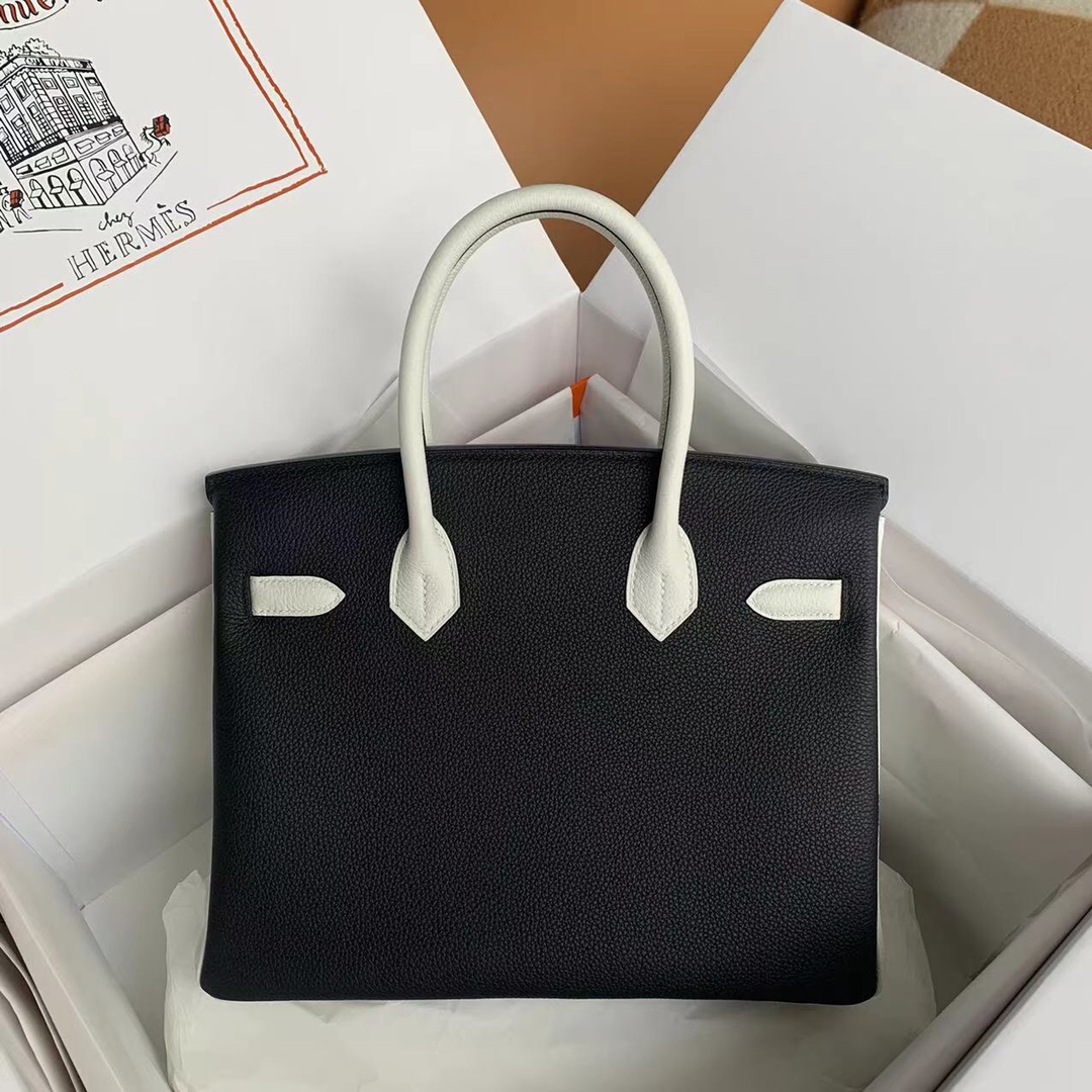 Hermes Birkin 30CM Togo Leather Handbag Black White